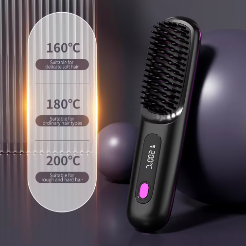 Zwarte stylingborstel schuin tegen een bol, naast een overzicht van de drie temperatuurstanden van 160, 180 en 200 graden. 5