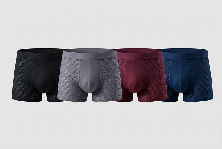 Vier boxershorts met ademende gaatjes in zwart, grijs, bordeauxrood en marineblauw op een rij 4