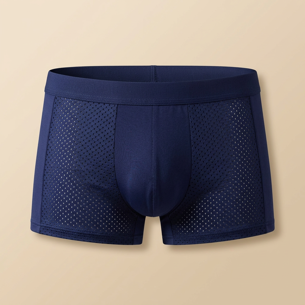 Marineblauwe boxershort met gaatjespatroon op de zijkanten en een effen voorpaneel, vooraanzicht 6