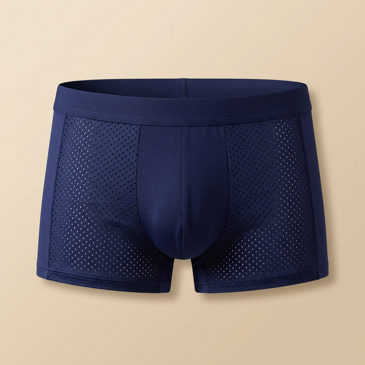 Marineblauwe boxershort met gaatjespatroon op de zijkanten en een effen voorpaneel, vooraanzicht 6