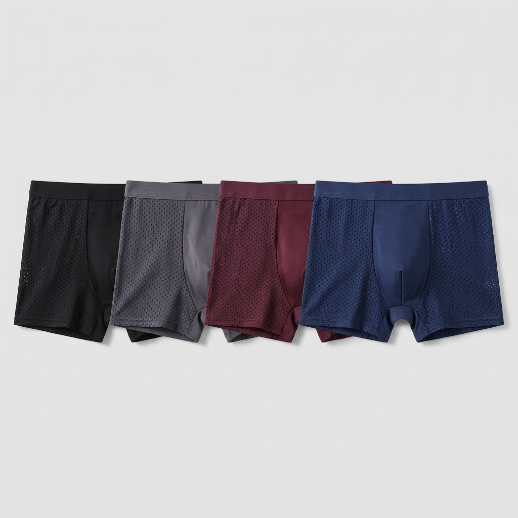 Vier boxershorts naast elkaar in zwart, grijs, bordeauxrood en marineblauw, met geperforeerde zijpanelen 3