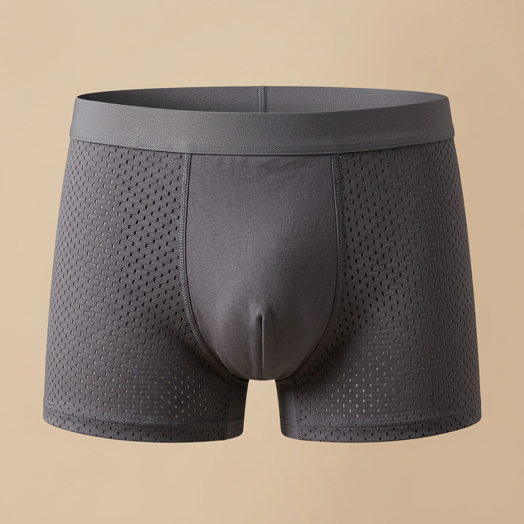 Grijze boxershort met geperforeerde zijpanelen en effen middenpaneel op een beige achtergrond 5