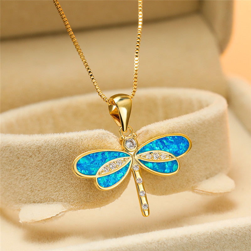 Gold Dragonfly Necklace with Opal - Isolde