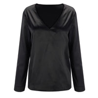 Satin women's blouse with deep V-neck & long sleeves - Daria