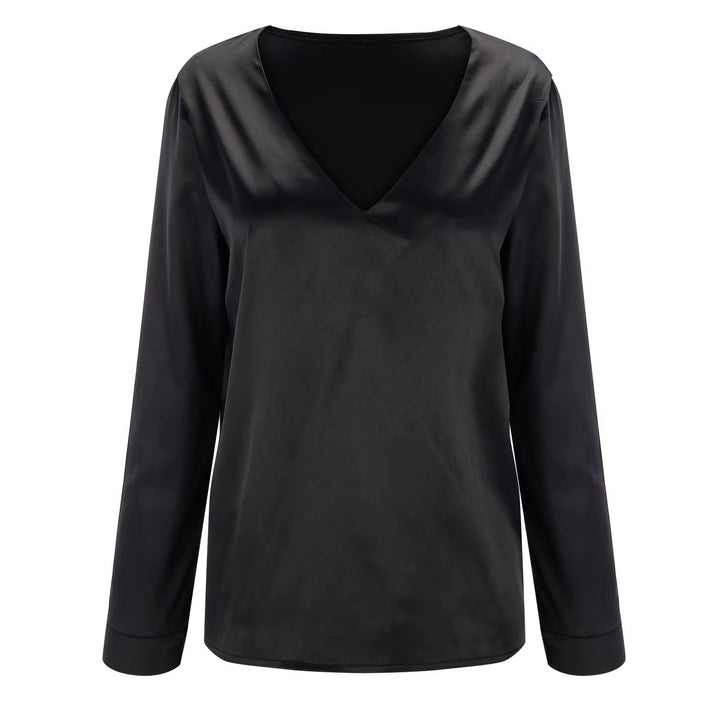 Satin women's blouse with deep V-neck & long sleeves - Daria
