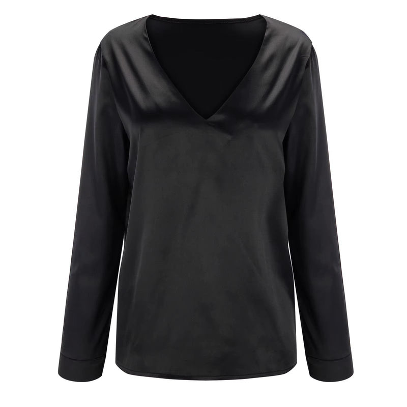 Satin women's blouse with deep V-neck & long sleeves - Daria
