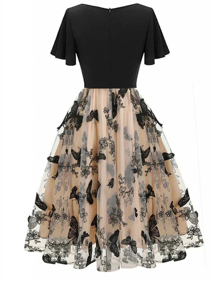 Stylish Mesh Midi Dress with Embroidery and Flounce Sleeves – Maila
