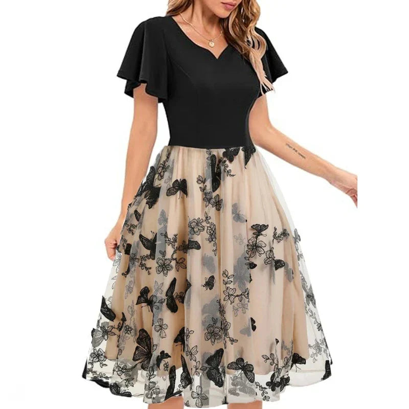 Stylish Mesh Midi Dress with Embroidery and Flounce Sleeves – Maila