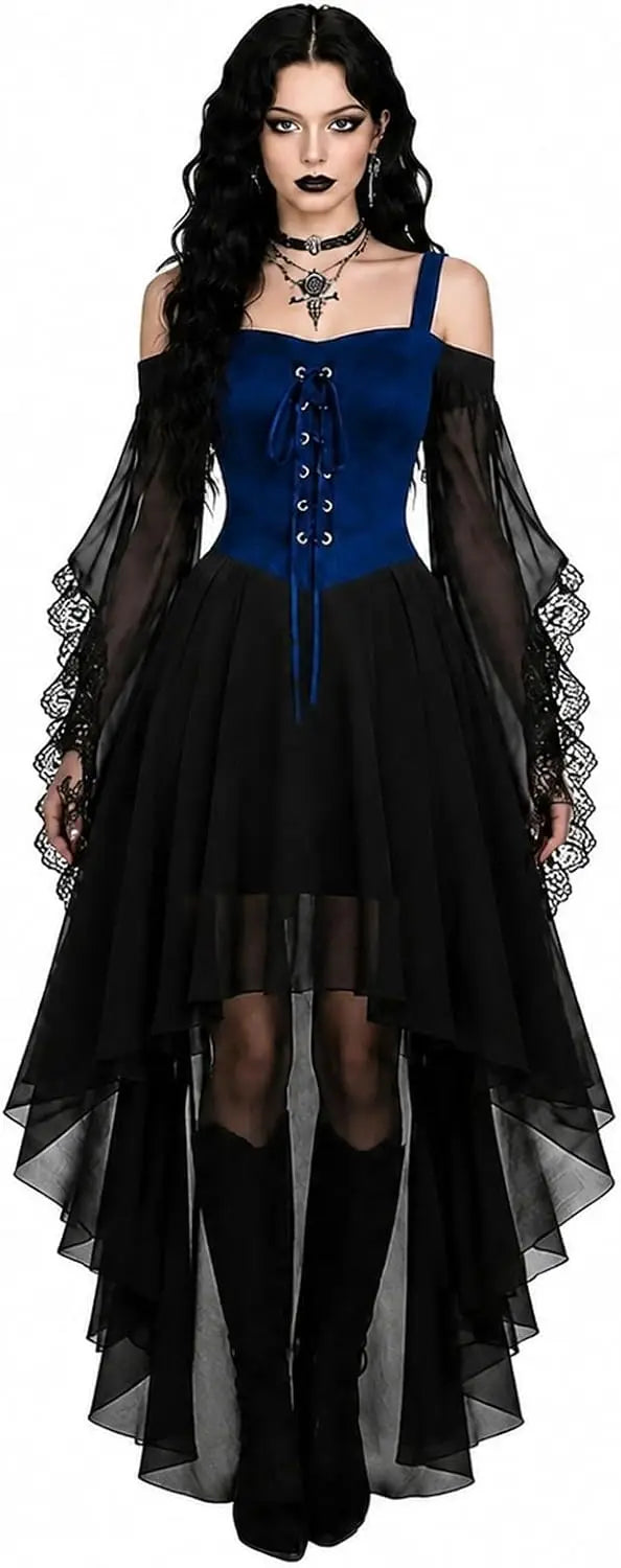 Model draagt de jurk met blauw veterkorset, zwarte kantmouwen en zwarte hoog-laag rok 5