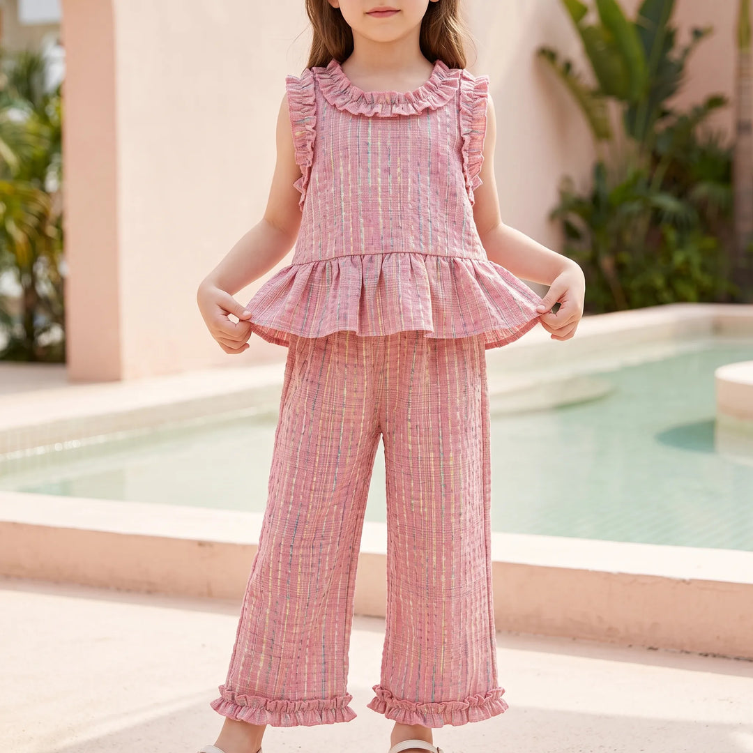 Set Van Top Met Ruffles En Broek In Pastelkleurige Ruit - Miralis