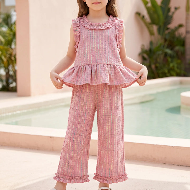 Set Van Top Met Ruffles En Broek In Pastelkleurige Ruit - Miralis