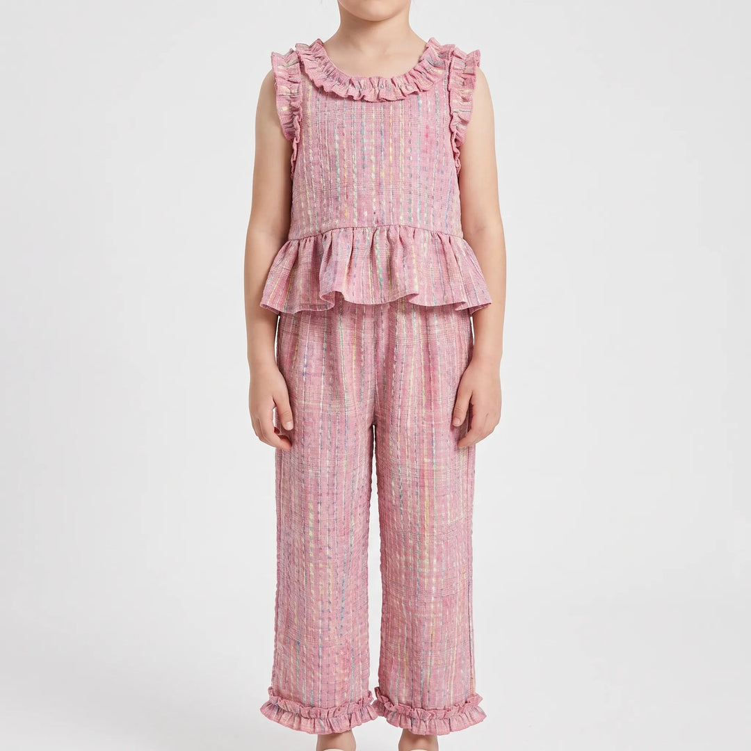 Set Van Top Met Ruffles En Broek In Pastelkleurige Ruit - Miralis