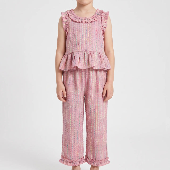 Set Van Top Met Ruffles En Broek In Pastelkleurige Ruit - Miralis