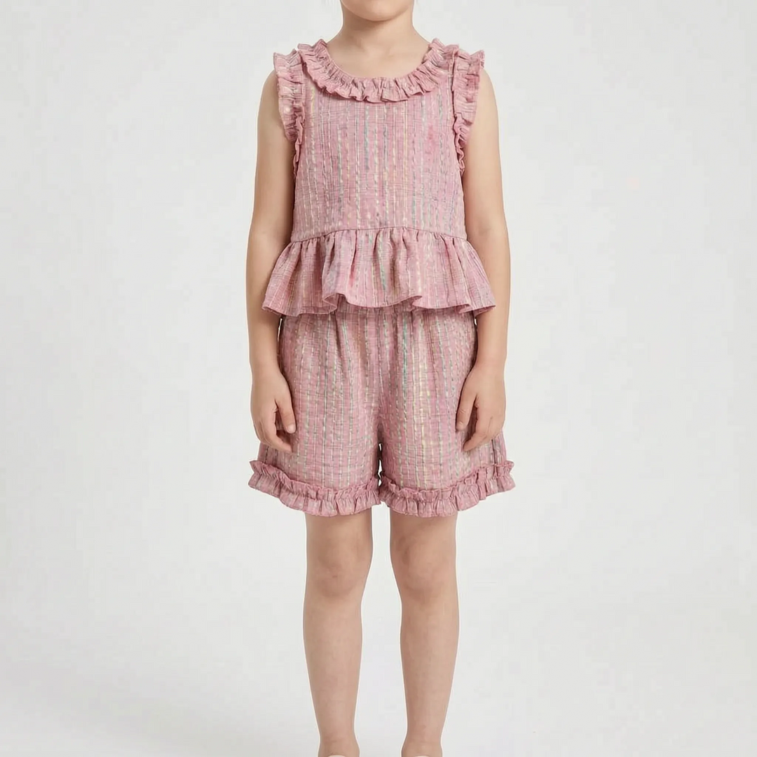 Set Van Top Met Ruffles En Broek In Pastelkleurige Ruit - Miralis