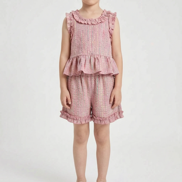 Set Van Top Met Ruffles En Broek In Pastelkleurige Ruit - Miralis