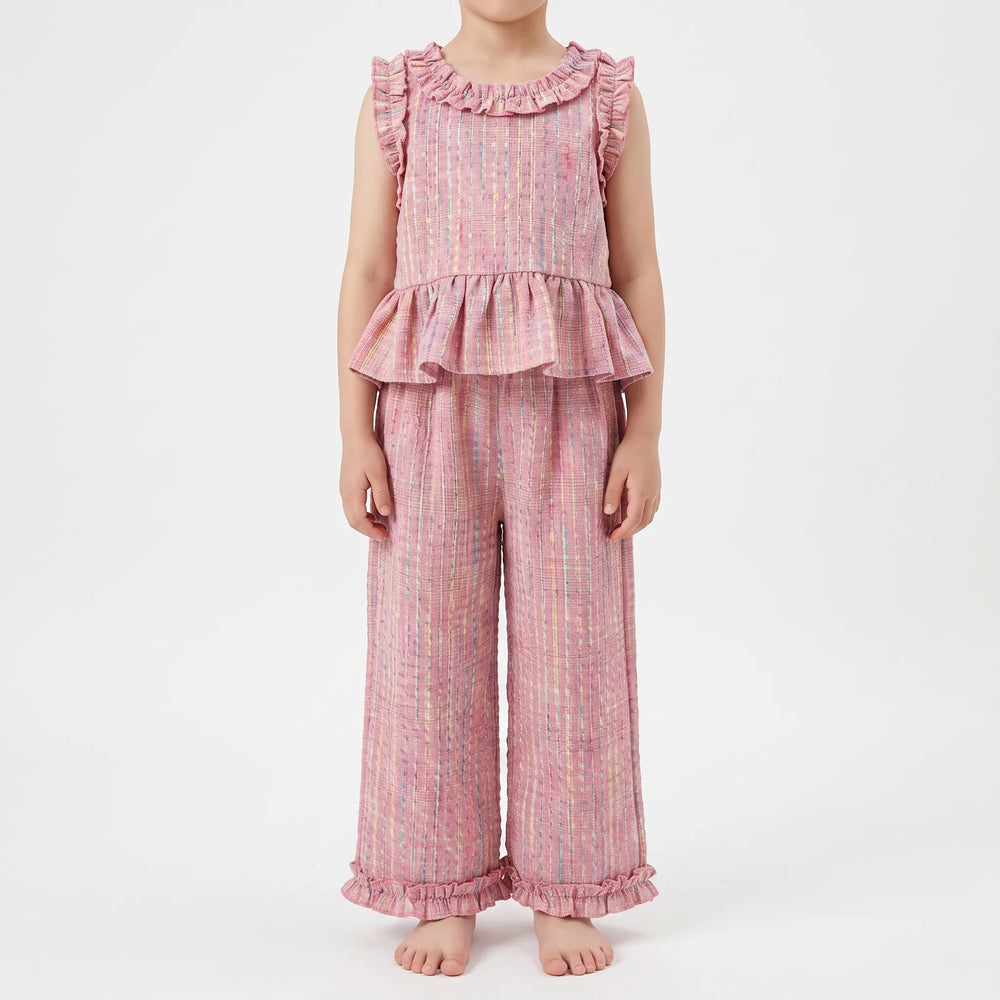 Set Van Top Met Ruffles En Broek In Pastelkleurige Ruit - Miralis
