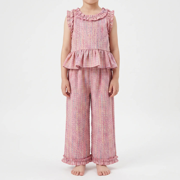Set Van Top Met Ruffles En Broek In Pastelkleurige Ruit - Miralis