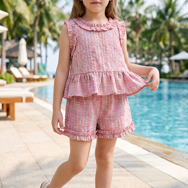 Set Van Top Met Ruffles En Broek In Pastelkleurige Ruit - Miralis