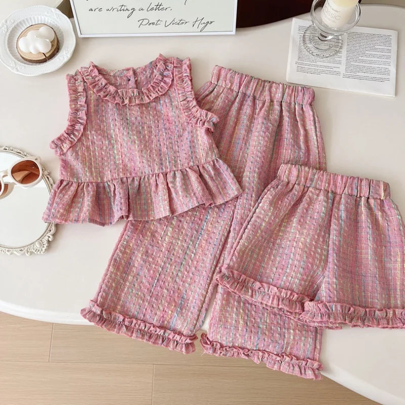 Set Van Top Met Ruffles En Broek In Pastelkleurige Ruit - Miralis