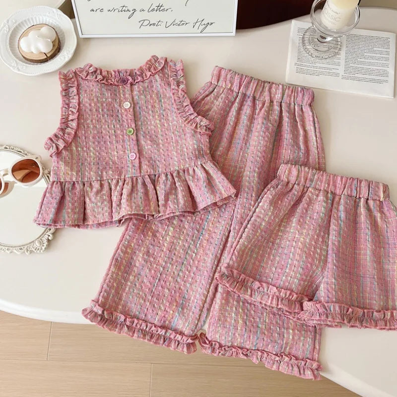 Set Van Top Met Ruffles En Broek In Pastelkleurige Ruit - Miralis