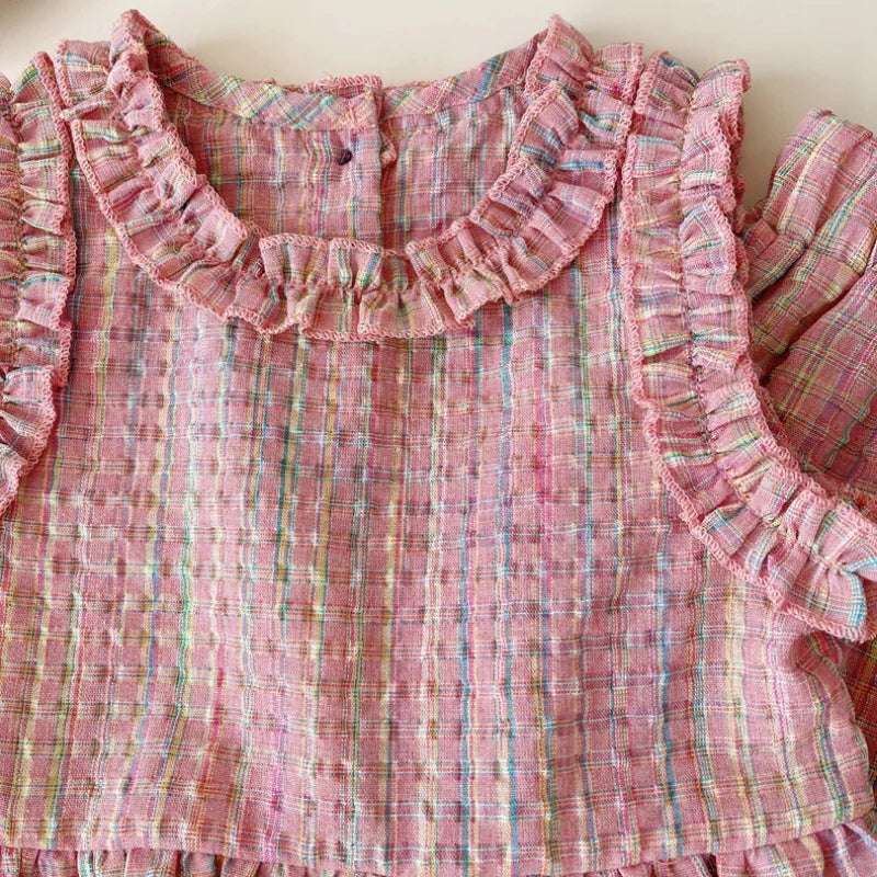 Set Van Top Met Ruffles En Broek In Pastelkleurige Ruit - Miralis