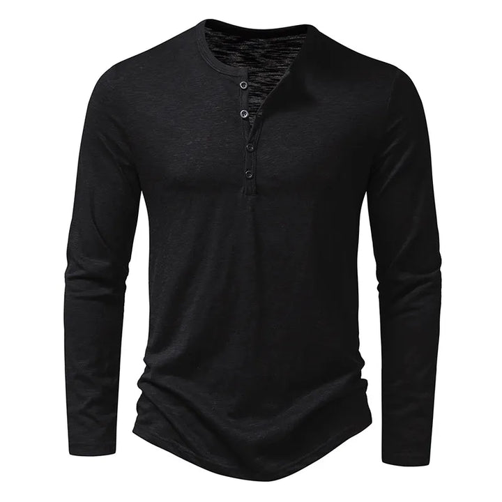 Zwart Henley-shirt met lange mouwen en knoopsluiting, recht van voren gefotografeerd. 16