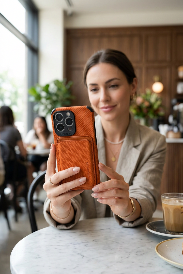 Vrouw in een café houdt een telefoon met oranje geweven hoesje en pasjeshouder omhoog 1