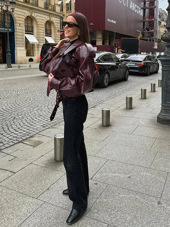 Short Leather Women's Jacket in Bordeaux Red with Notched Collar – Livana