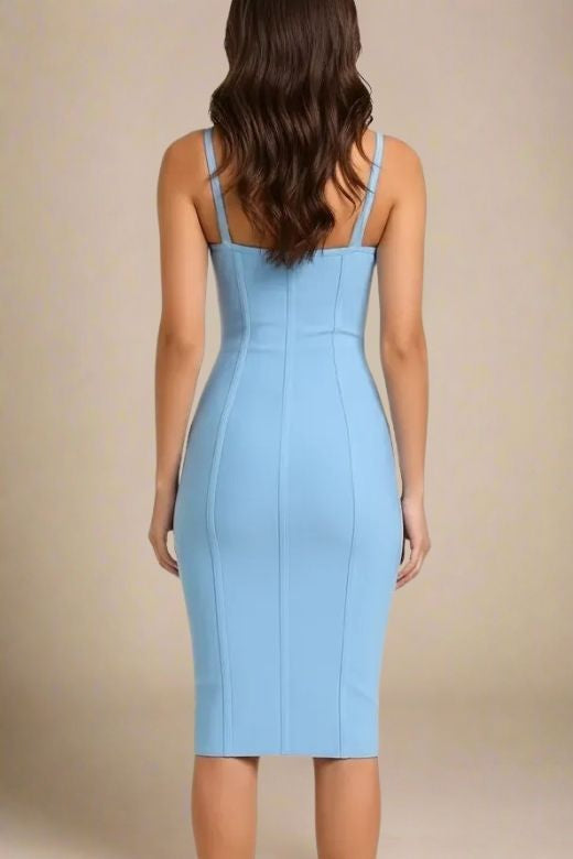 Sky Blue Fitted Knee Length Bandage Dress - Holly