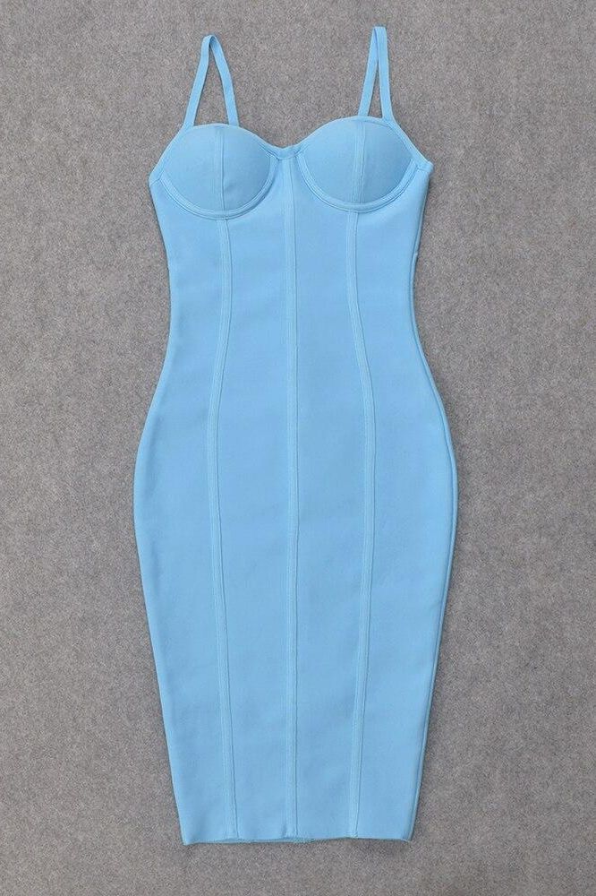 Sky Blue Fitted Knee Length Bandage Dress - Holly