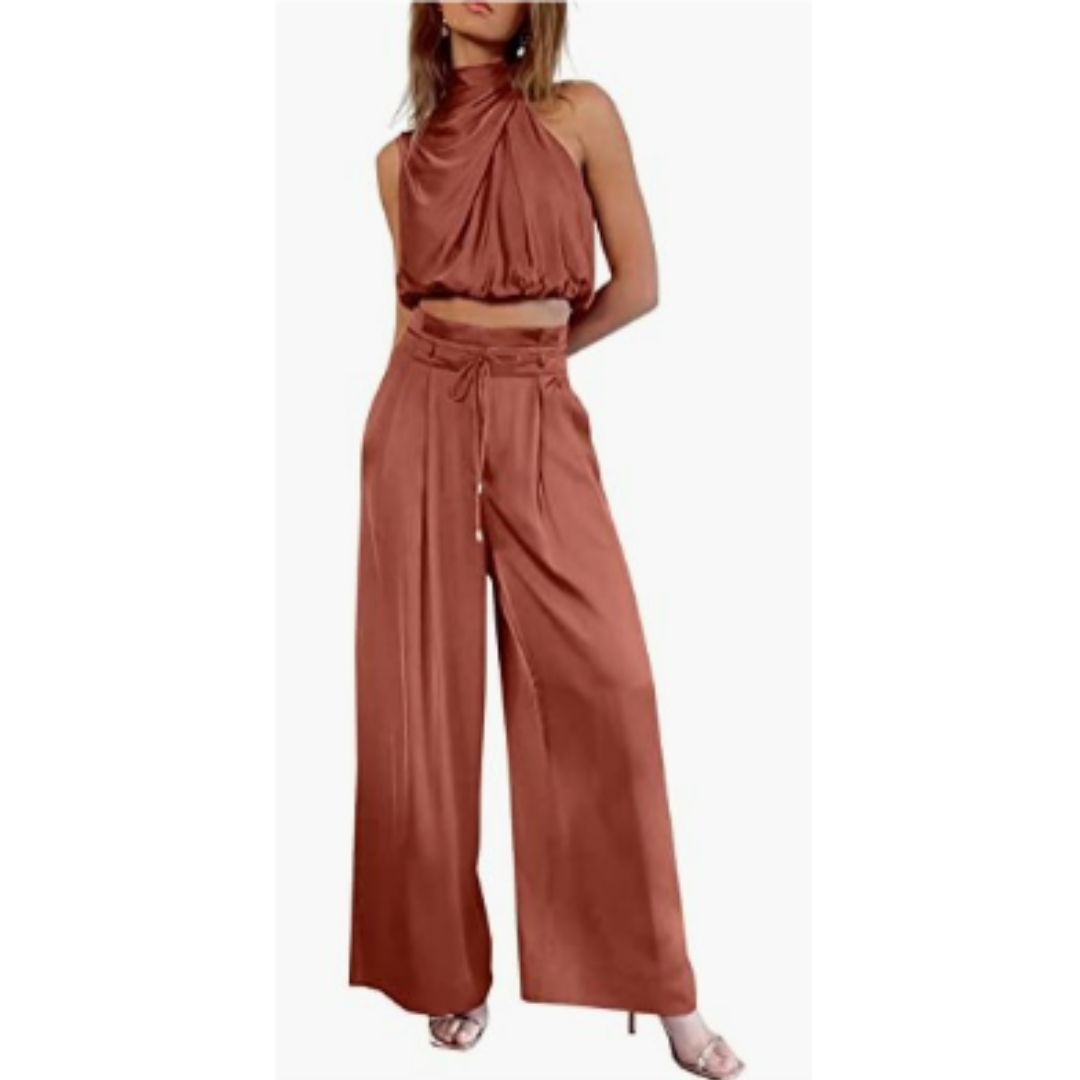 Sleeveless Halter Neck Wide-Leg Outfit - Tiffany