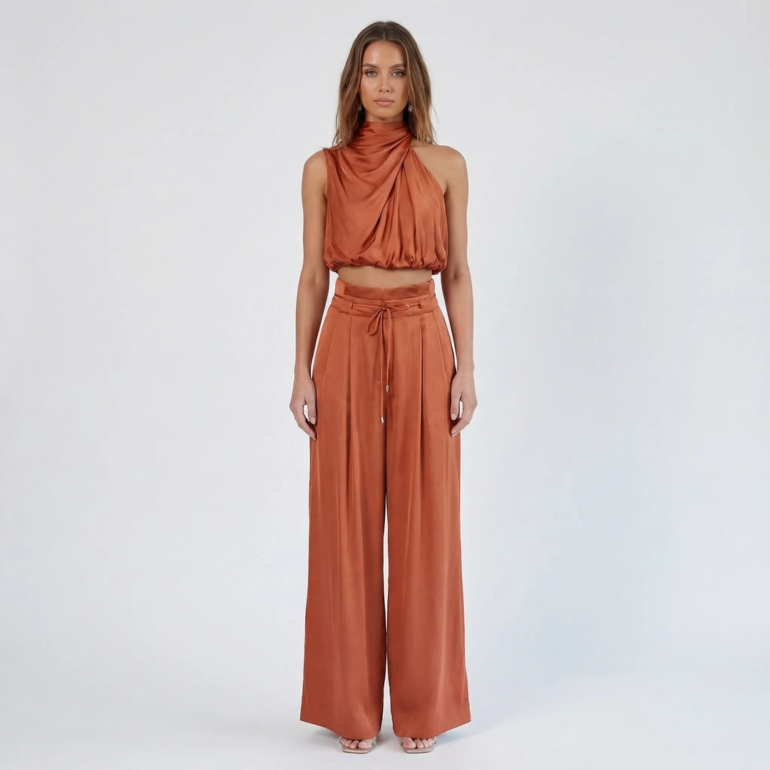 Sleeveless Halter Neck Wide-Leg Outfit - Tiffany
