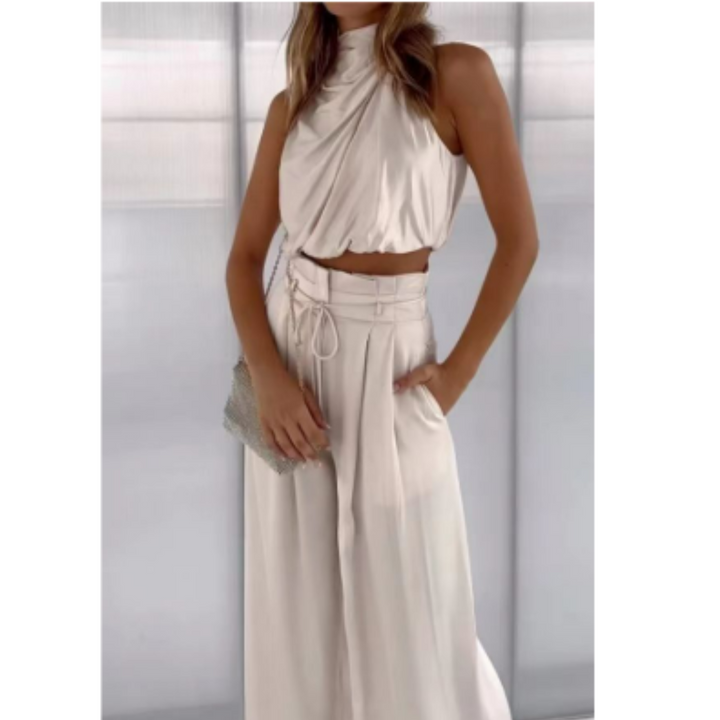 Sleeveless Halter Neck Wide-Leg Outfit - Tiffany