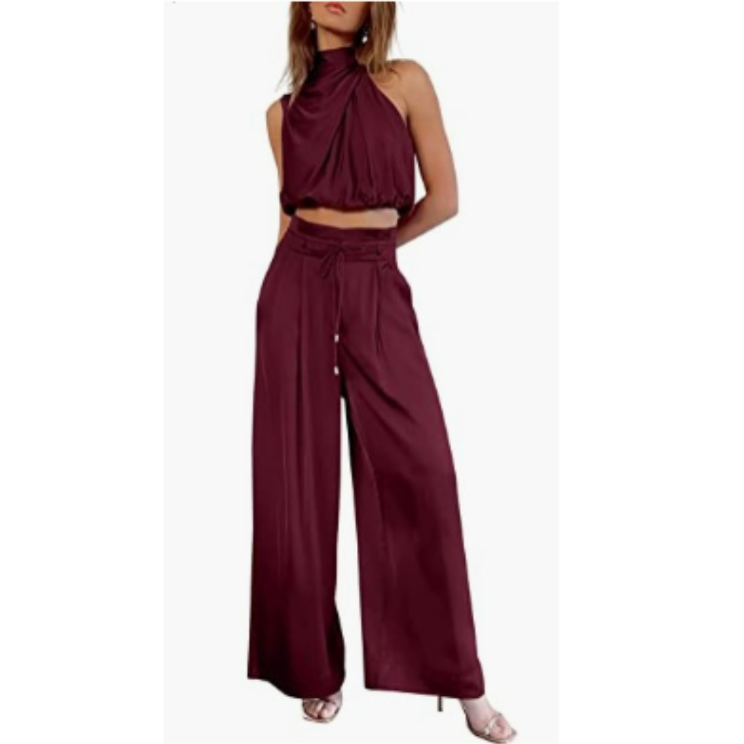 Sleeveless Halter Neck Wide-Leg Outfit - Tiffany