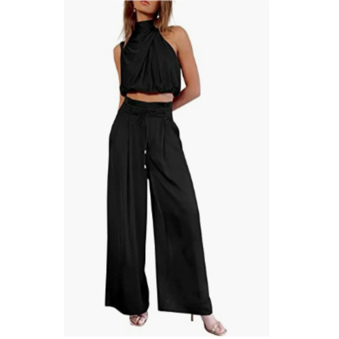 Sleeveless Halter Neck Wide-Leg Outfit - Tiffany