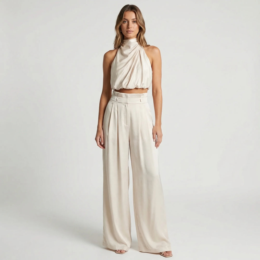Sleeveless Halter Neck Wide-Leg Outfit - Tiffany