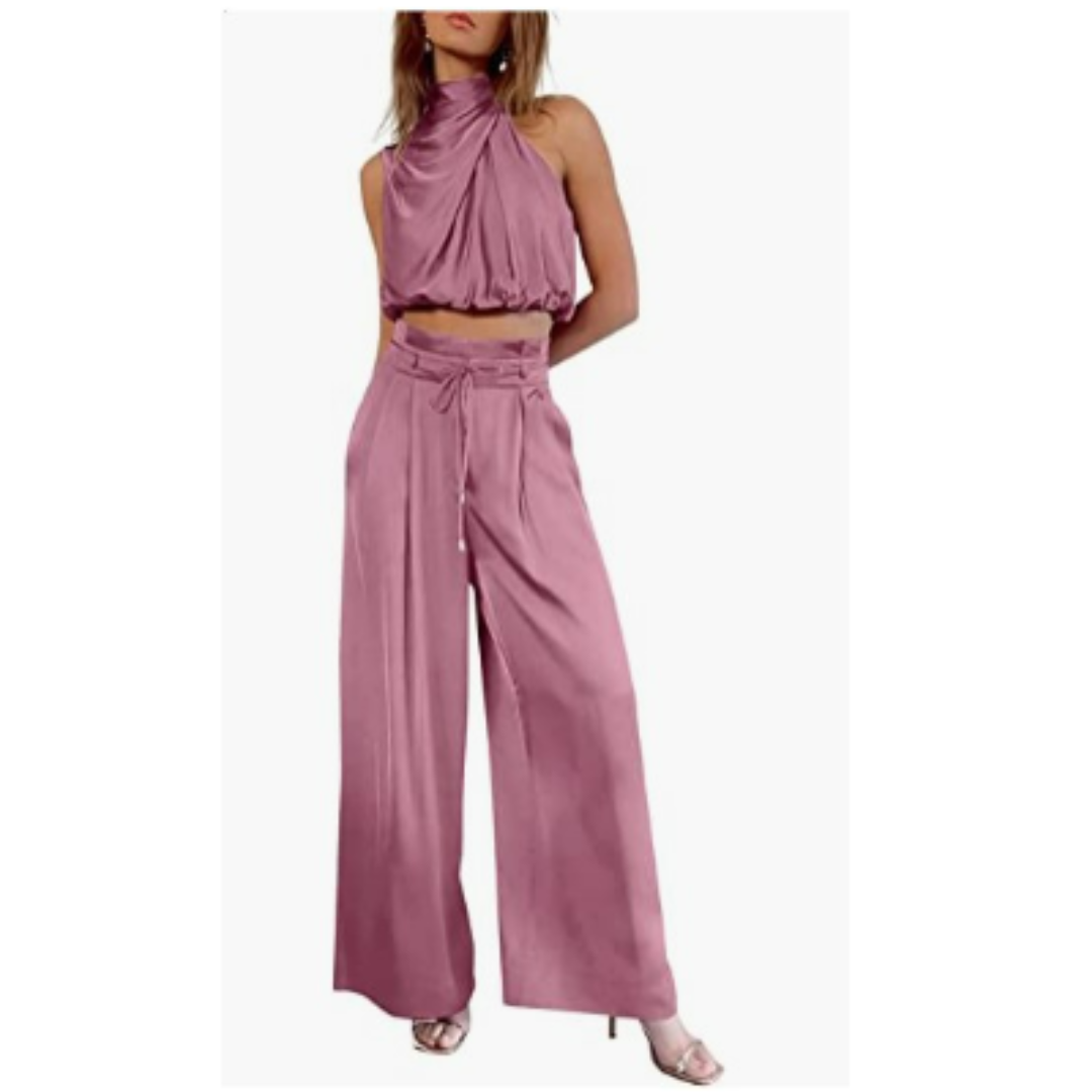 Sleeveless Halter Neck Wide-Leg Outfit - Tiffany