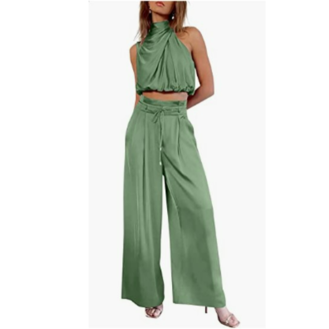 Sleeveless Halter Neck Wide-Leg Outfit - Tiffany