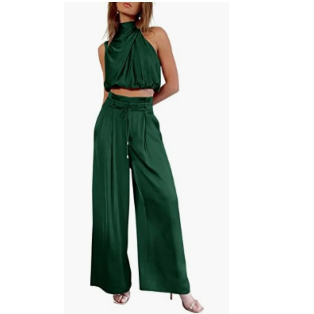 Sleeveless Halter Neck Wide-Leg Outfit - Tiffany