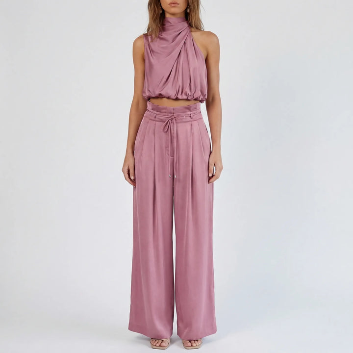 Sleeveless Halter Neck Wide-Leg Outfit - Tiffany