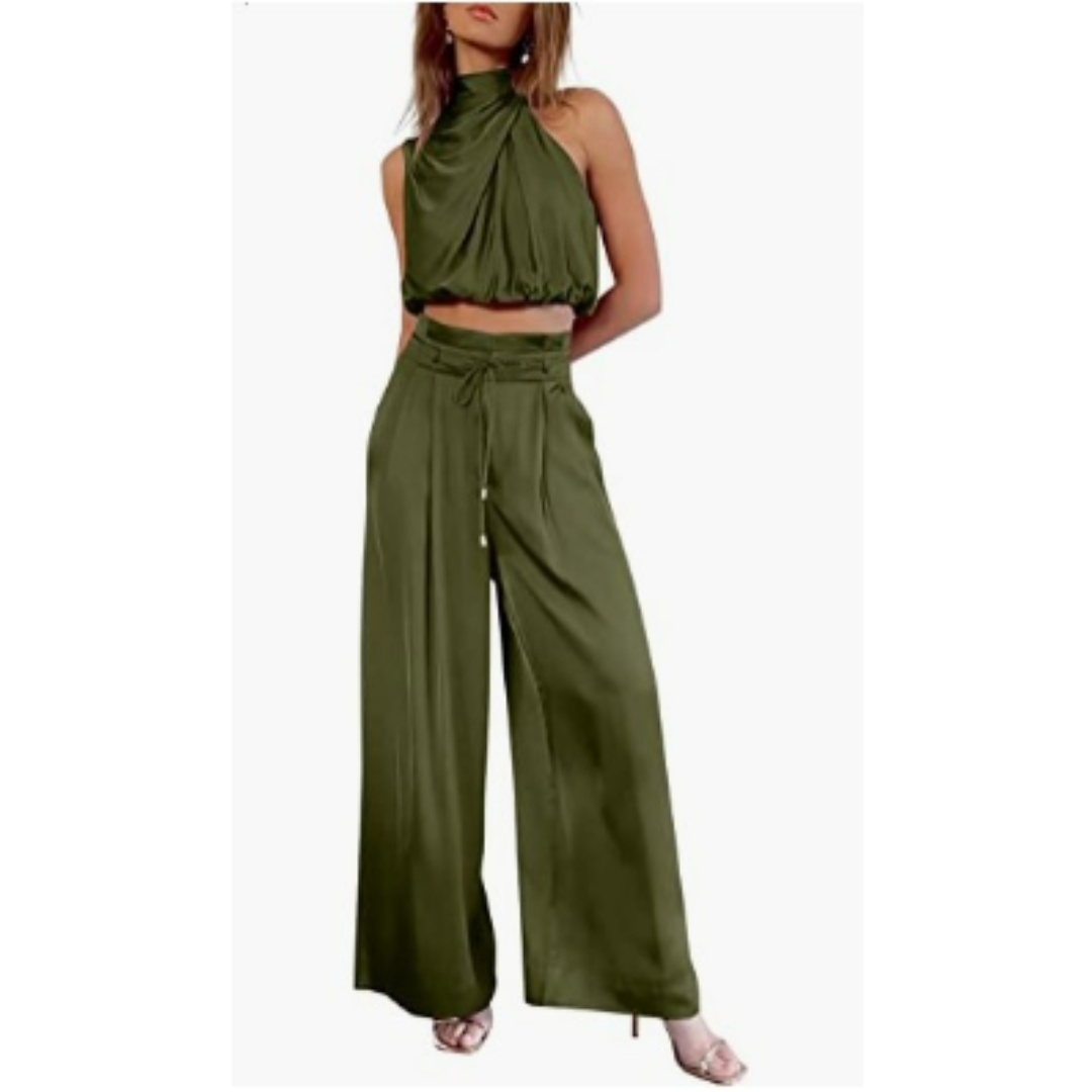 Sleeveless Halter Neck Wide-Leg Outfit - Tiffany
