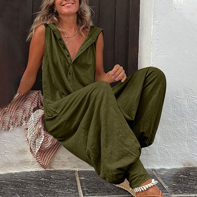 Sleeveless Hooded Jumpsuit With Button Placket - Rosemarie