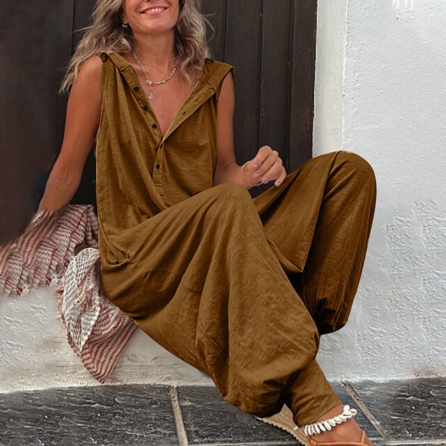 Sleeveless Hooded Jumpsuit With Button Placket - Rosemarie