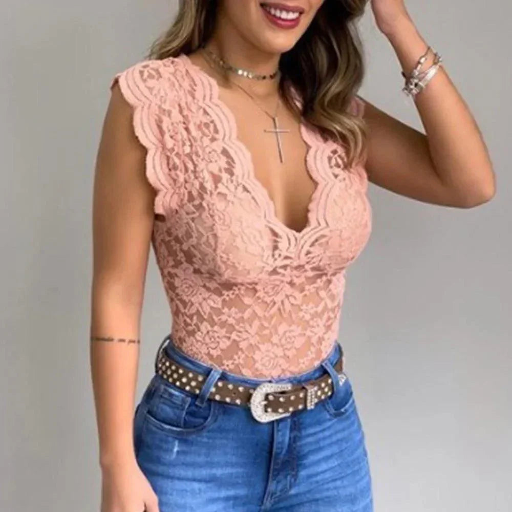 Slim-Fit Sleeveless Lace Top - Crystal