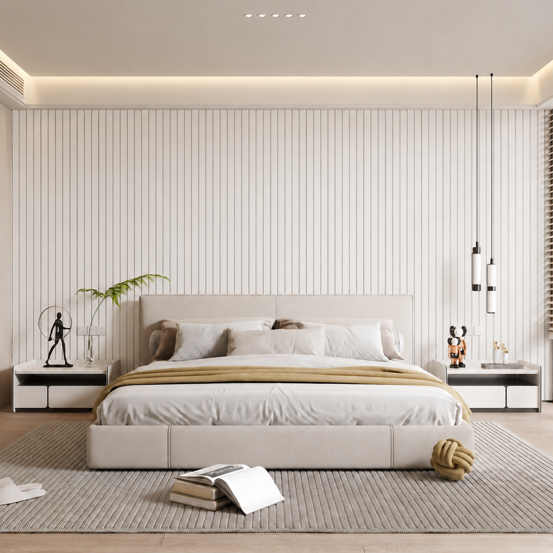 Slaapkamer met bed waarbij de achterwand is bekleed met witte verticale latten 9