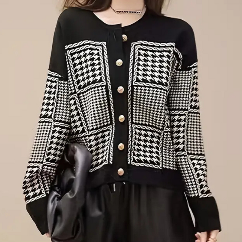 Zwarte Dames Cardigan met Pied-de-Poule Motief - Isolde