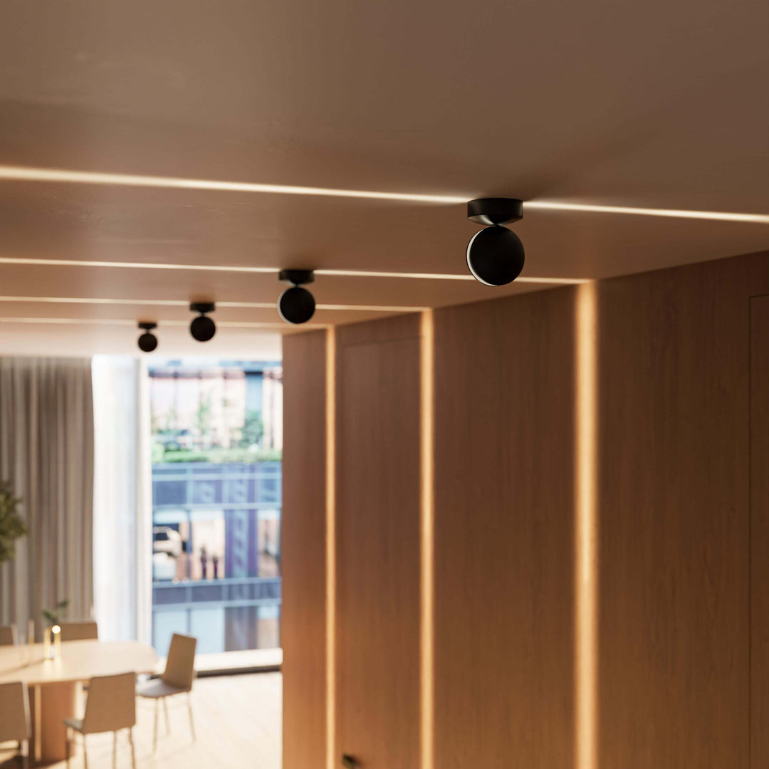 Rij zwarte plafondlampen langs een houten wand, met horizontale lichtlijnen op het plafond en uitzicht op een eetkamer. 12