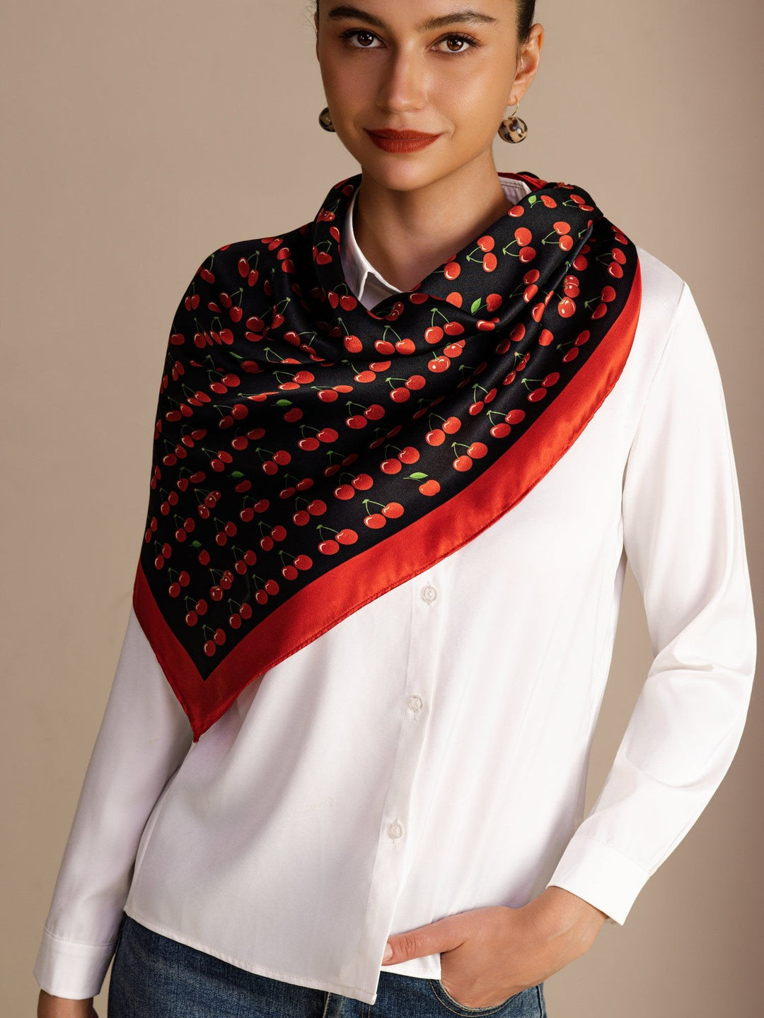 Square Cherry Print Scarf - Cherella