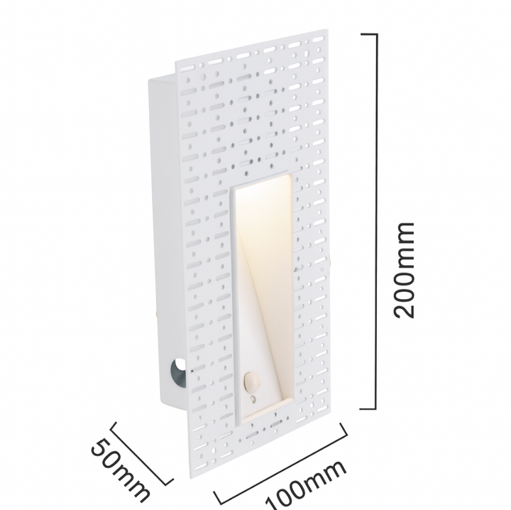 Smalle witte inbouwlamp met warm licht, met maataanduidingen voor hoogte, breedte en diepte 18