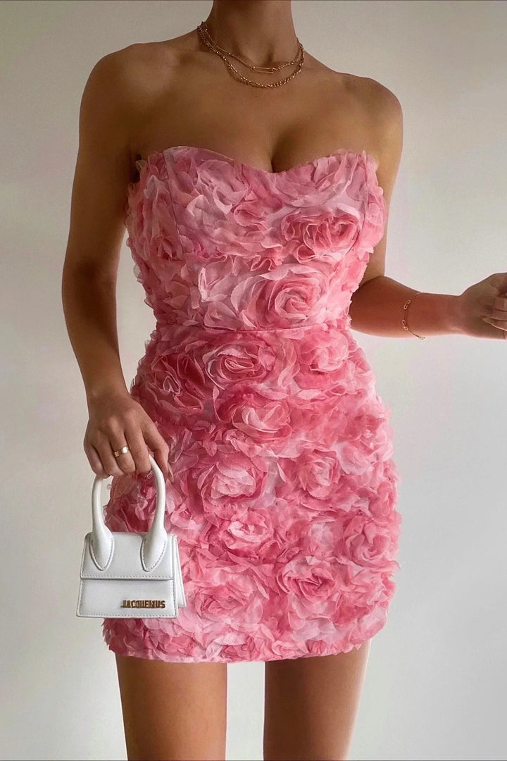 Strapless Mini Dress With 3D Rose Detailing - Kelley